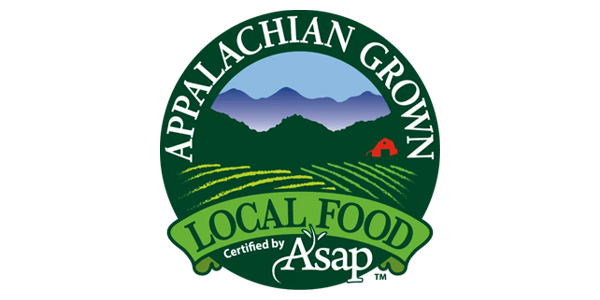 Logo of Appalachian Grown, featuring the text "Appalachian Grown Local Food Certified by ASAP," with a backdrop of mountains and a farm landscape, emphasizing local agriculture and food sourcing in the Appalachian region.