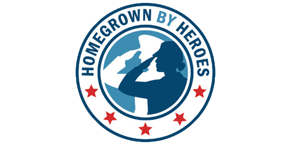 Logo of the Homegrown by Heroes initiative, featuring a silhouette of a service member saluting, surrounded by a circular design with red stars and the text "Homegrown by Heroes." This program supports veteran-owned businesses.