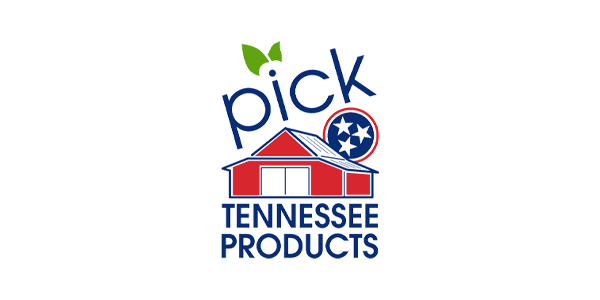 Logo of Pick Tennessee Products featuring a red barn, green leaves, and the Tennessee state emblem, promoting local agricultural products in Tennessee.