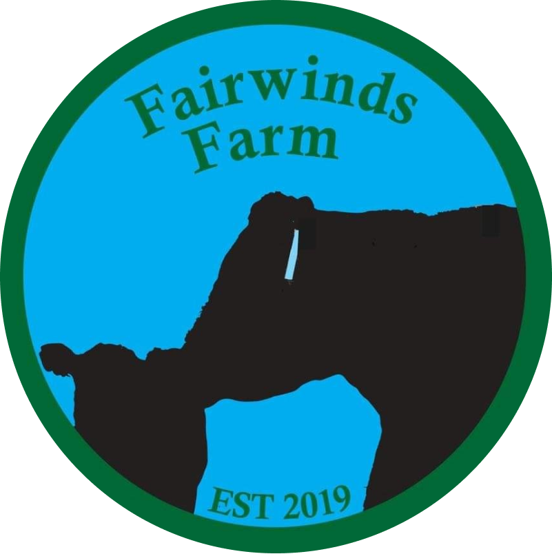 Logo of Fairwinds Farm featuring a silhouette of a cow against a blue background, with the text "Fairwinds Farm" and "EST 2019" in green and white.