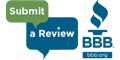 Submit a Review button with the BBB logo, encouraging customers to share their feedback on the Better Business Bureau website.